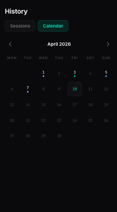 History calendar showing workout days marked in April 2026