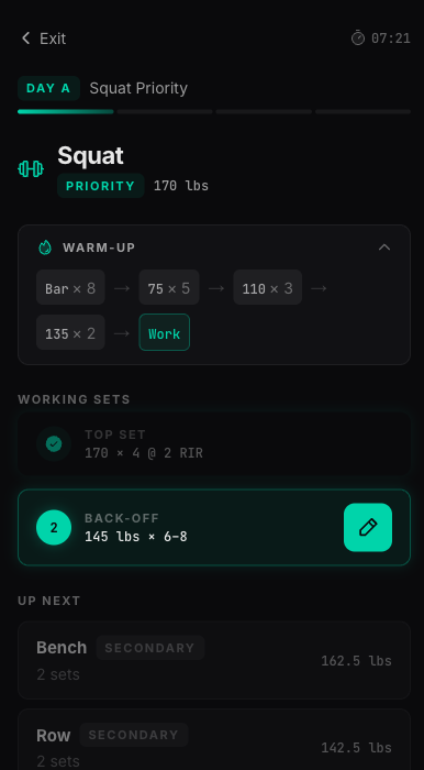 Active workout session showing squat warm-up sets and working sets