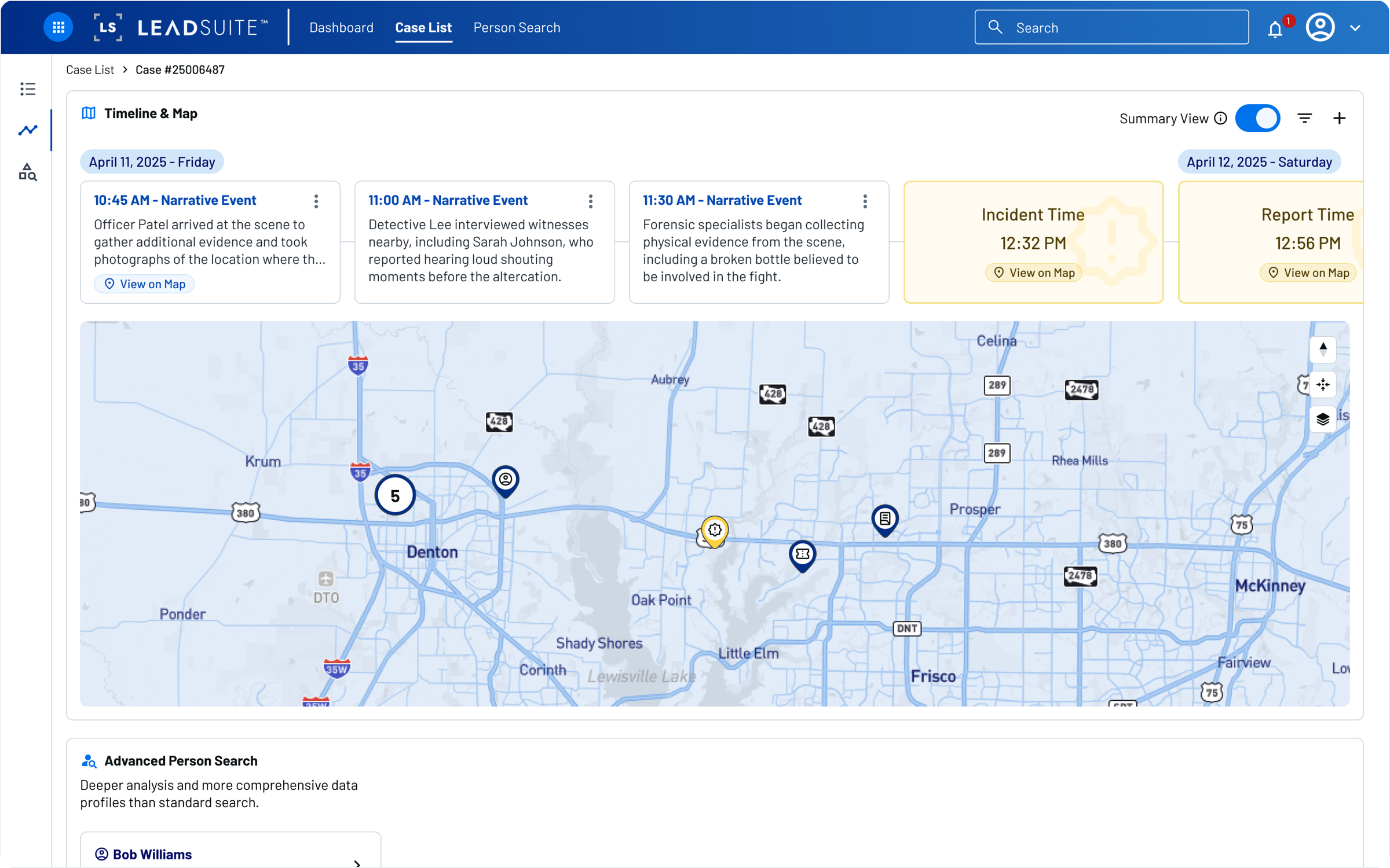 Case detail timeline and map view with narrative events synced to geographic locations