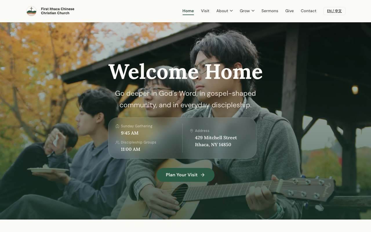 FICCC homepage with bilingual navigation, hero image, and service times