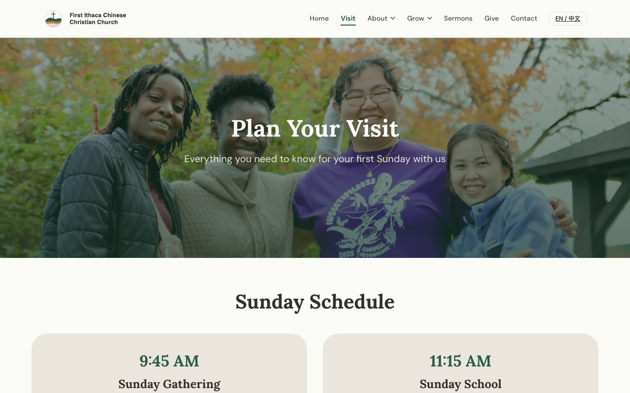 FICCC visit page with Sunday schedule and directions