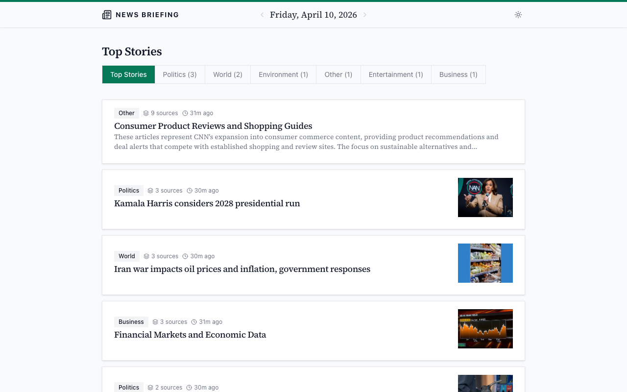 News Briefing daily edition with clustered story cards and topic filters