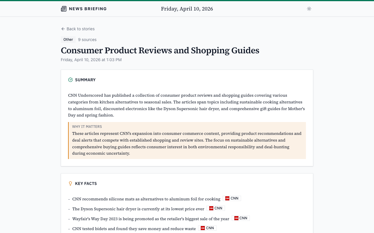 Story detail page showing AI-generated summary, key facts, and source attribution