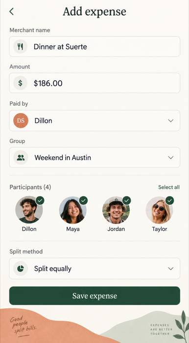 Tabby add expense form with participants and an equal split option