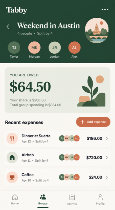 Tabby group overview for a weekend trip, showing shared expenses and who is owed money